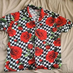 Forever 21, size large in men's, black & white checkered w/roses